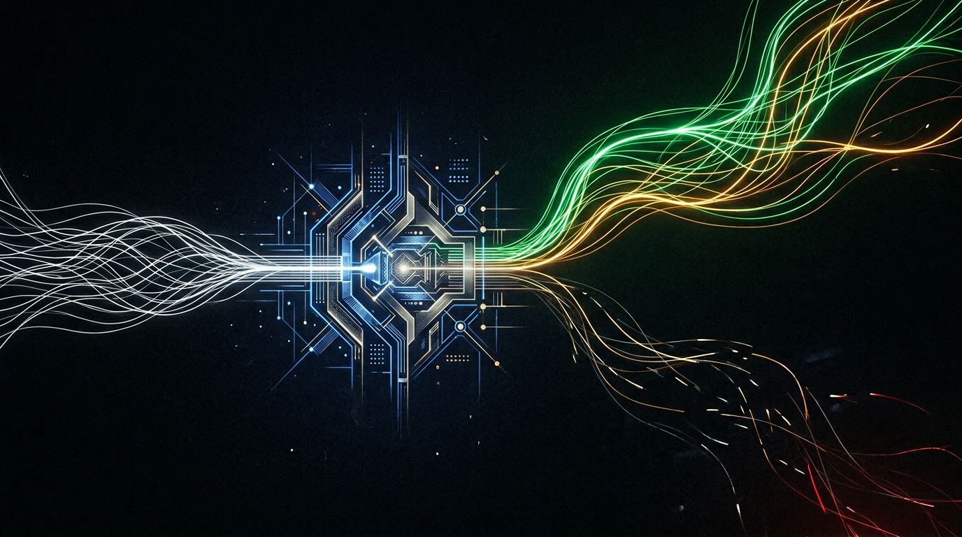 Abstract decision gate with verified signal paths on a black field, cobalt and amber glow