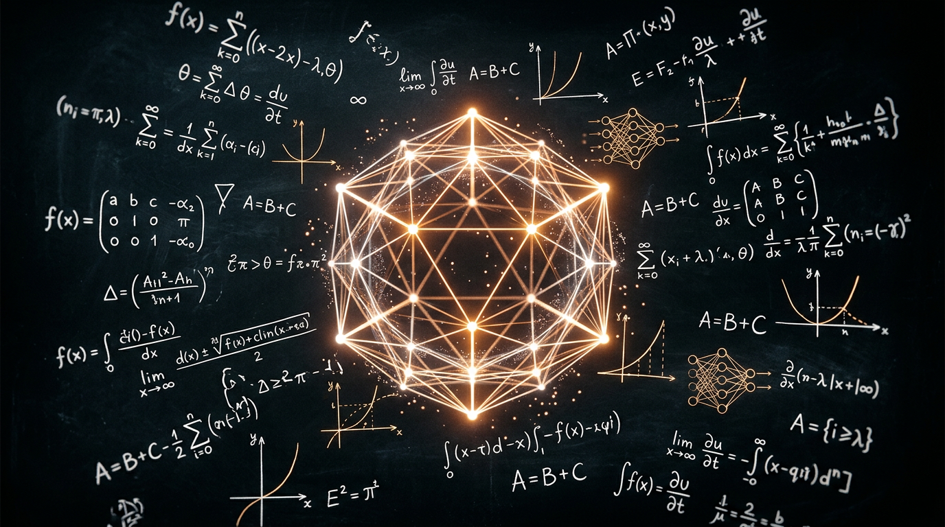 Cinematic dark field with white mathematical notation and glowing abstract proof geometry