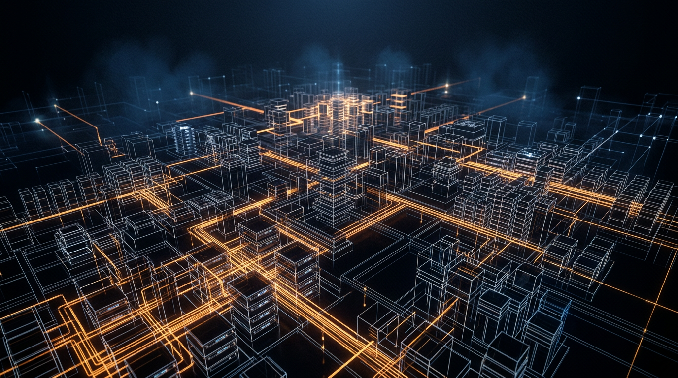 Isometric wireframe infrastructure with amber data conduits on black, abstract only