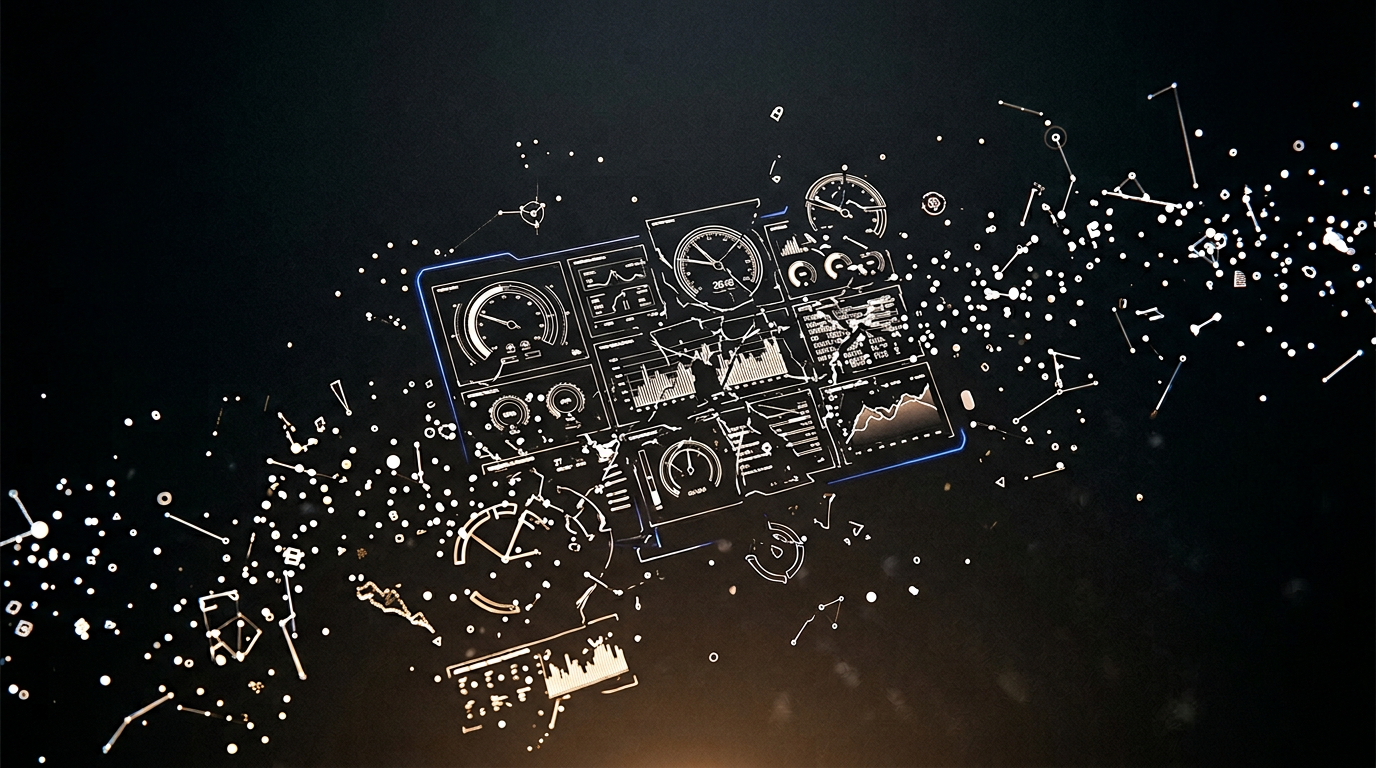 Abstract dark visualization of disconnected metrics and nodes, amber accents, no people