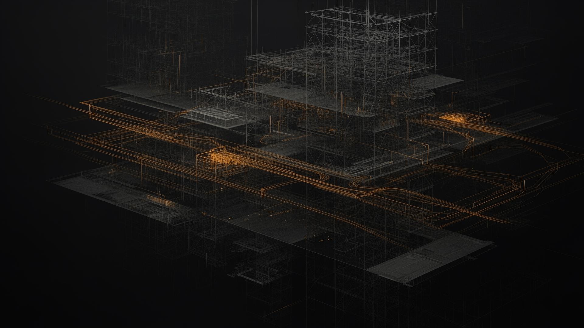 Abstract AI and ML infrastructure blueprint, amber data paths on dark field, no people